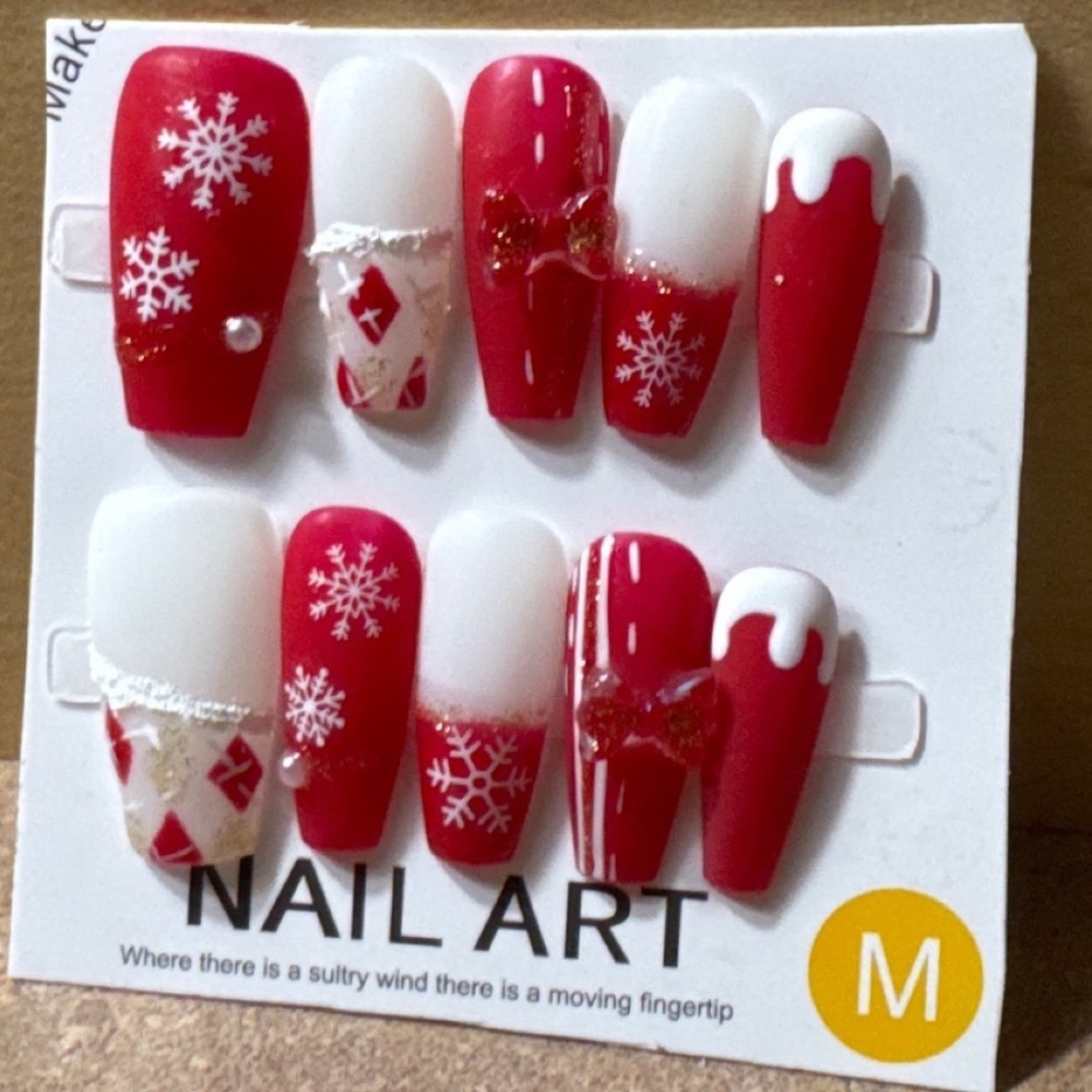 Christmas‎ Press On Nails Red White Snowflake Coffin Festive Holiday 10pc Medium